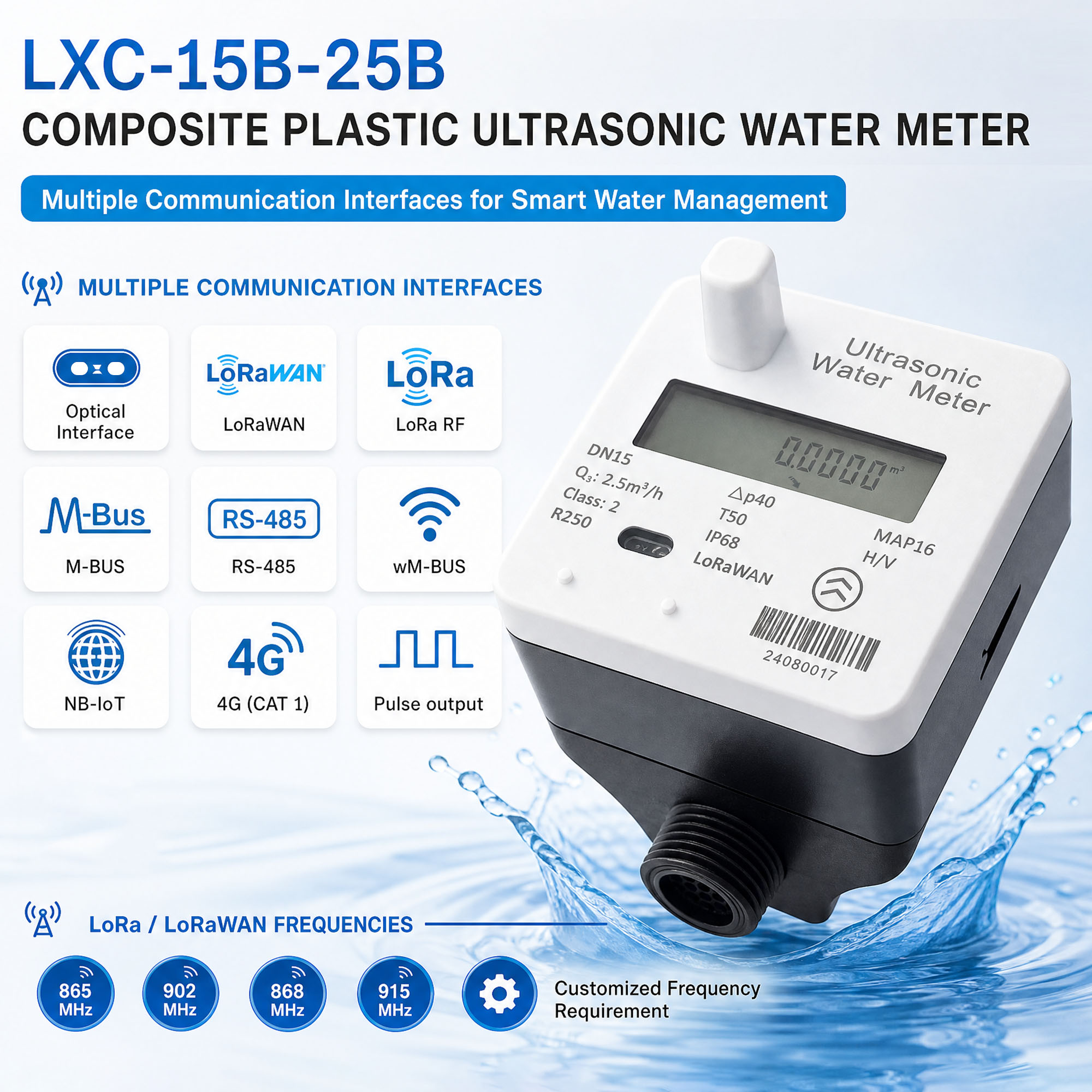M-Bus/ RS485/ Pulse Output/ Lorawan/ Modbus/ NB-IoT Plastic Ultrasonic Water Meter 