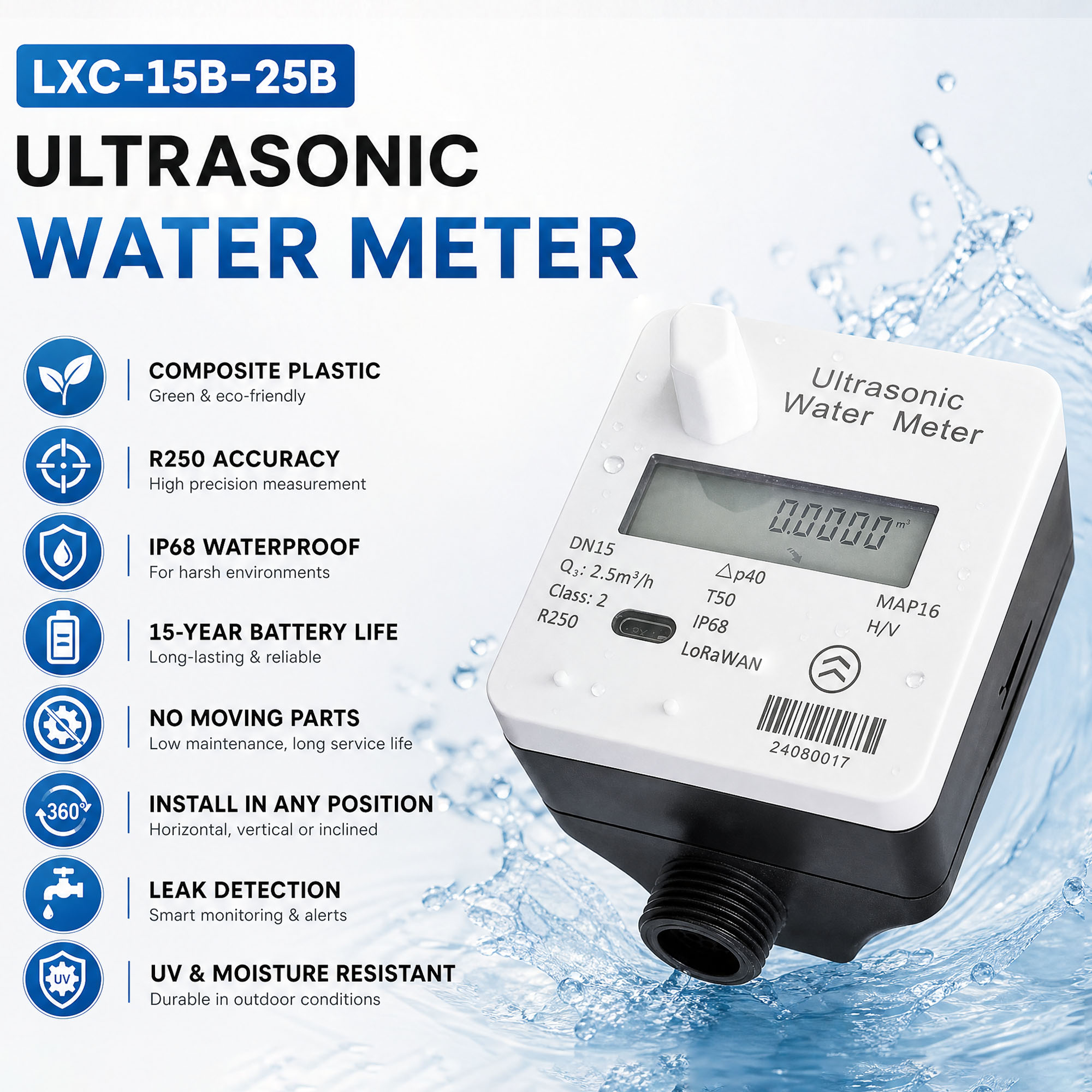M-Bus/ RS485/ Pulse Output/ Lorawan/ Modbus/ NB-IoT Plastic Ultrasonic Water Meter 