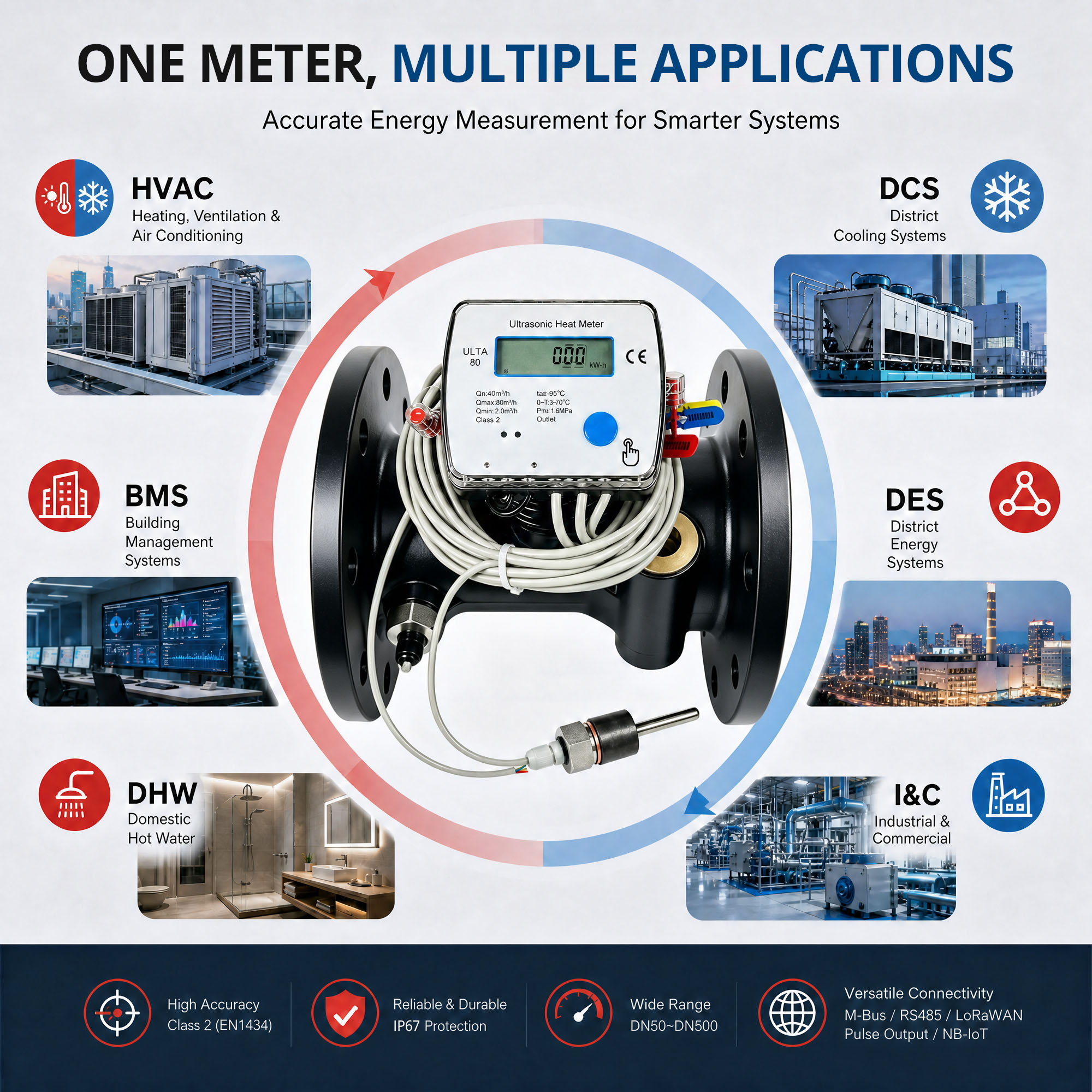 DN50-DN500 Bulk Ultrasonic Heat Meter with M-Bus/ RS-485/ Pulse Output/ Lora/ Lorawan/ NB-IoT