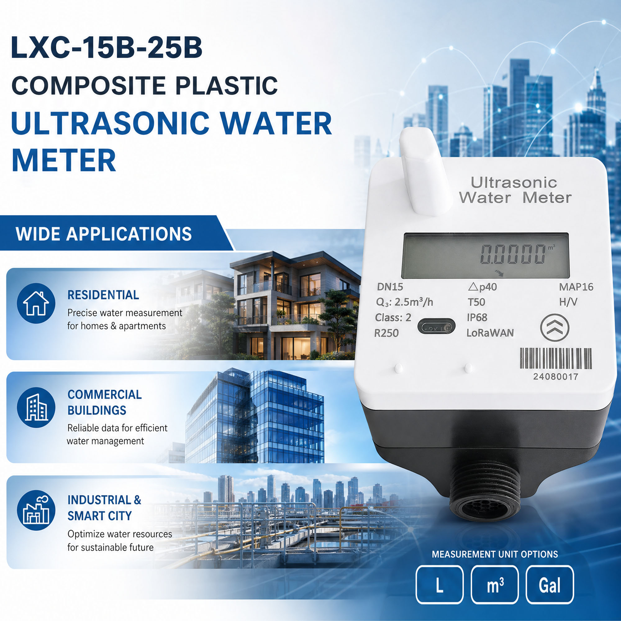 M-Bus/ RS485/ Pulse Output/ Lorawan/ Modbus/ NB-IoT Plastic Ultrasonic Water Meter 